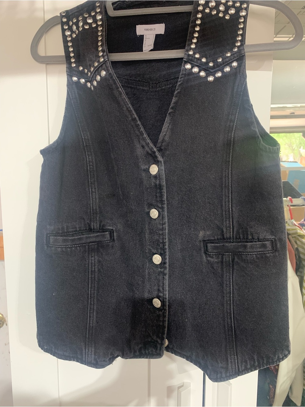 Black Studded Premium Denim Vest - Women's Sleeveless Button-Front